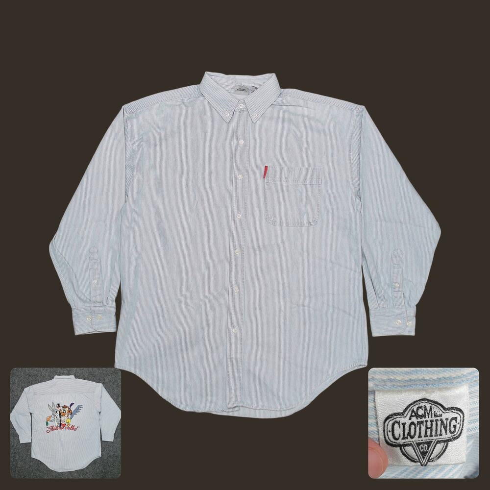 Acme Clothing Vintage 90s Looney Tunes Striped Denim Embroidered Shirt Mens M
